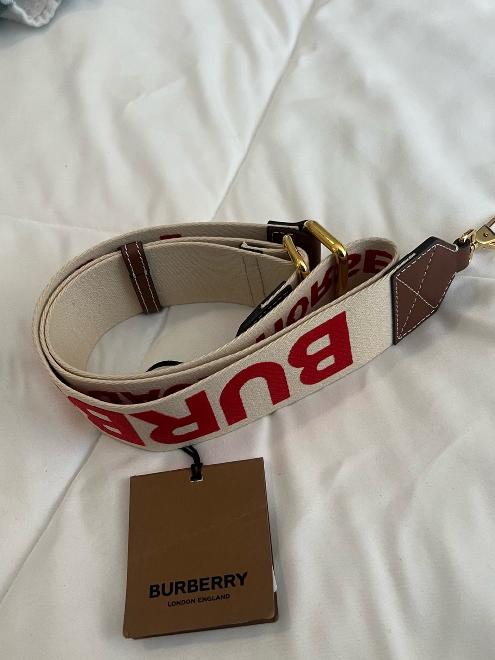 Burberry Beige Canvas Strap with Red Embroidered Logo and Brown Leather Accents